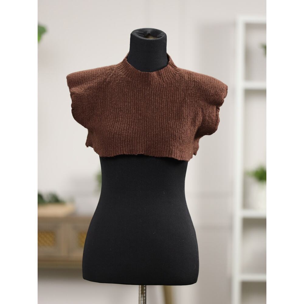 Babaton Merino Wool Cropped Mock Neck Sleeveless Sweater Brown Shoulder Pad L